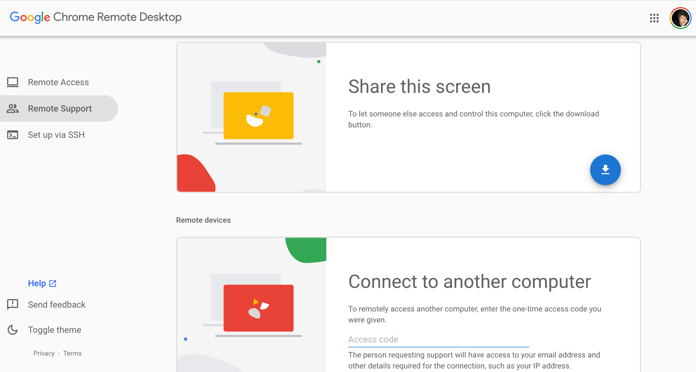 The Google Chrome Remote Desktop page